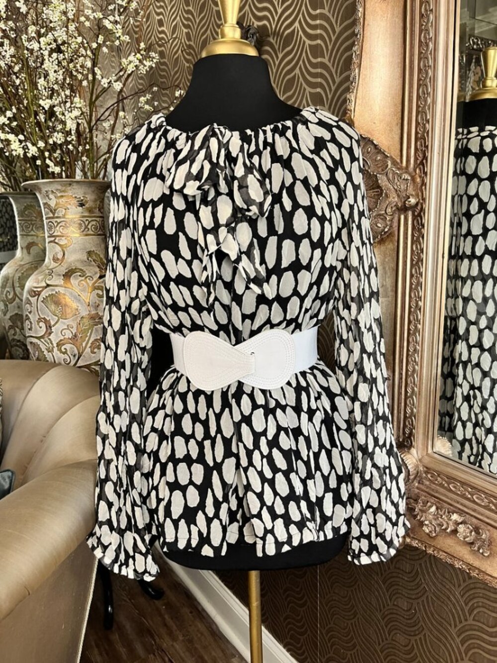 Diane von Furstenberg black white smudged dot print tie neckline and ruffled